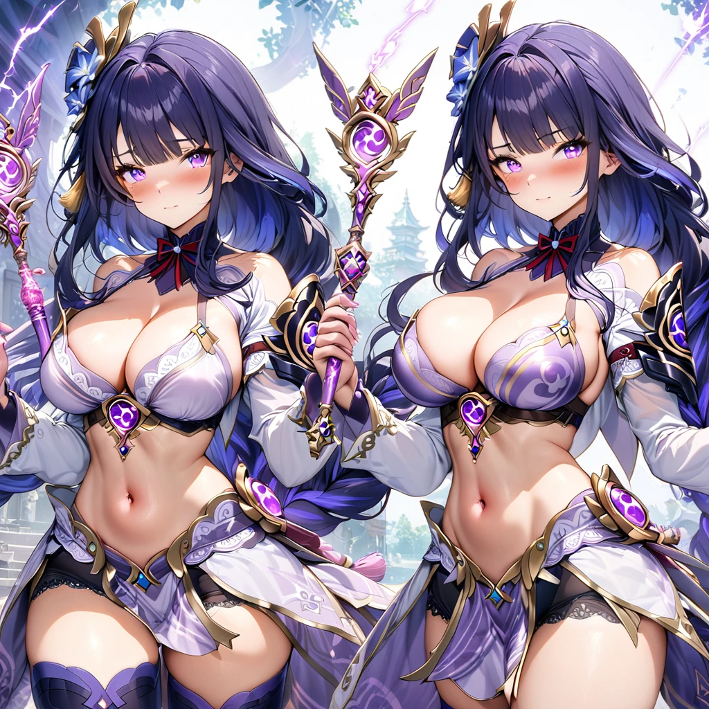 masterpiece), best quality, expressive eyes, perfect face,1girl,raiden shogun,genshin impact,japanese garden,lightning in the air,(purple magic wand),holding,holding wand,shy smile,blush,cowboy shot,glowing eyes,big breasts,cleavage,bare shoulder,(magical girl:1.6),(harem outfit),navel,pelvic curtain,detached sleeves,thighhigh stockings,studio lighting,(sparkle:0.9),(glitter:0.9),alternative costume