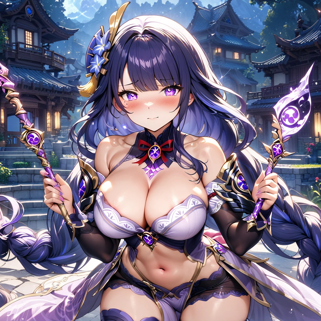 masterpiece), best quality, expressive eyes, perfect face,1girl,raiden shogun,genshin impact,japanese garden,lightning in the air,(purple magic wand),holding,holding wand,shy smile,blush,cowboy shot,glowing eyes,big breasts,cleavage,bare shoulder,(magical girl:1.6),(harem outfit),navel,pelvic curtain,detached sleeves,thighhigh stockings,studio lighting,(sparkle:0.9),(glitter:0.9),alternative costume