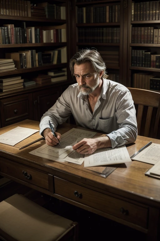 A 47 year old man, with melancholic expression, sitting at a desk surrounded by manuscripts.