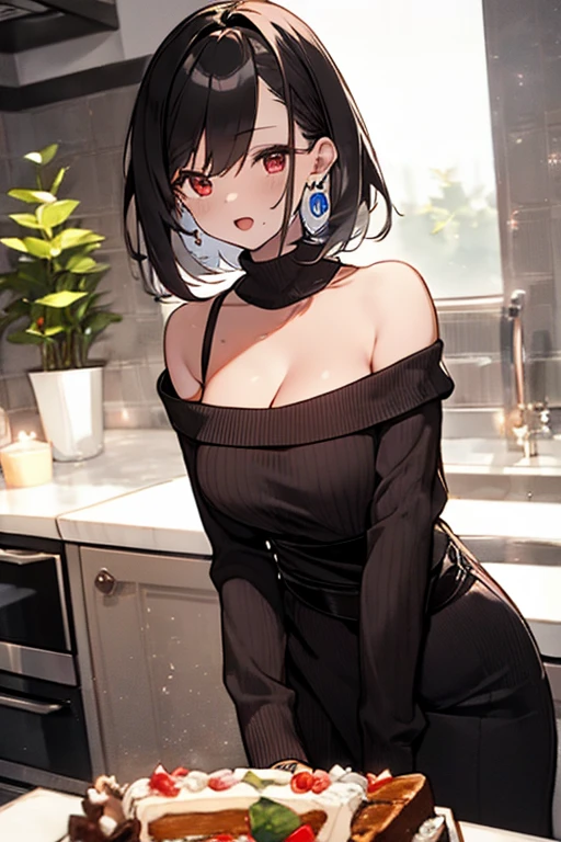 masterpiece, yor, 1girl, Amazing Cleavage:1.3, thin waist, big ass, Raised sexy, medium breast: 1.8 posed cleavage:1.2、solo, looking at viewer, open mouth, have a cup of coffee,black hair, red eyes, dress, bare shoulders, jewelry, collarbone, sidelocks, hairband, earrings, indoors, off shoulder, :o, sweater, arms behind back, plant, short hair with long locks, white hairband, off-shoulder dress, sweater dress, off-shoulder sweater, red sweater, big side hair, very long side hair,is rendered in (masterpiece: 1.2, best quality), with (ultra high resolution) and an exquisite (depth of field). This masterpiece is not only visually stunning but also tells, make of cake cooking ,in the kitchen
