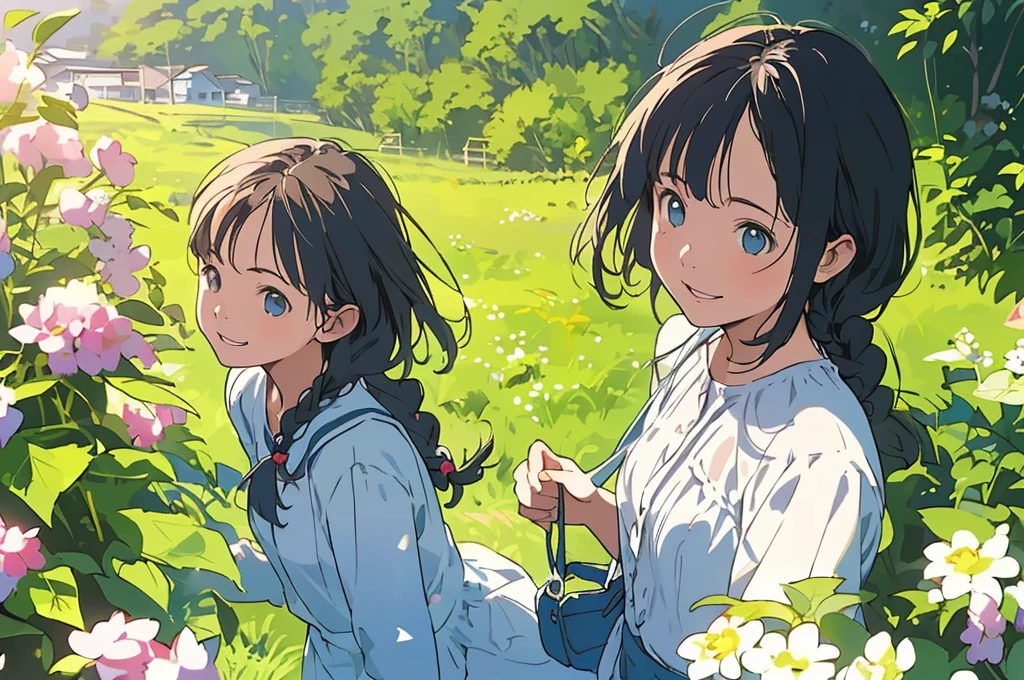 Reasonable design, Clear lines, High Sharpness, (Highest quality,8K,Perfect sharpness,Ultra fine,High resolution,masterpiece:1.2), Perfect Anatomy:1.5, Official Art, Illustrations that tell a story, (Whitish background:0. 9）、Body Positivity、多Mr.な身体表現、（Random and energetic poses）、Perfect beauty、Perfect beautiful face、Strong winds、A rich expression、Dynamic composition、smile、Golden ratio composition、colorful、（(Mr.々Different angles and perspectives)）、Anime Art、(Mini dress)、（Overcoming stereotypes）、 Glowing Skin、（Natural beauty）、smile、Bangs、（Soft and flowing hair）、（countryside）、（Nostalgic atmosphere）、Put up to your feet、（Playful and carefree）、（多Mr.な民族のキャラクター）、（innocent attitude）、（Sunny atmosphere）、(The skirt flutters wildly in the wind)、（Bright colors）、Beautiful Eyes、(Embarrassing)、Braided Hair、Summer Scene、Smiling among flowers、Angle from above、