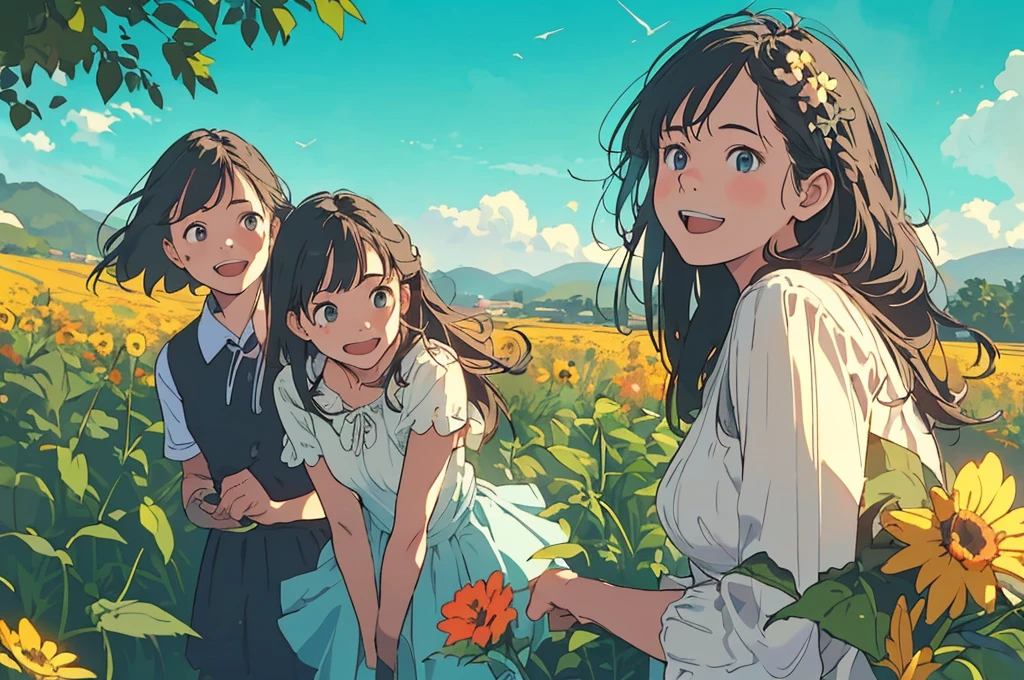 Reasonable design, Clear lines, High Sharpness, (Highest quality,8K,Perfect sharpness,Ultra fine,High resolution,masterpiece:1.2), Perfect Anatomy:1.5, Official Art, Illustrations that tell a story, (Whitish background:0. 9）、Body Positivity、多Mr.な身体表現、（Random and energetic poses）、Perfect beauty、Perfect beautiful face、Strong winds、A rich expression、Dynamic composition、smile、Golden ratio composition、colorful、（(Mr.々Different angles and perspectives)）、Anime Art、(Mini dress)、（Overcoming stereotypes）、 Glowing Skin、（Natural beauty）、smile、Bangs、（Soft and flowing hair）、（countryside）、（Nostalgic atmosphere）、Put up to your feet、（Playful and carefree）、（多Mr.な民族のキャラクター）、（innocent attitude）、（Sunny atmosphere）、(The skirt flutters wildly in the wind)、（Bright colors）、Beautiful Eyes、(Embarrassing)、Braided Hair、Summer Scene、Smiling among flowers、Angle from above、