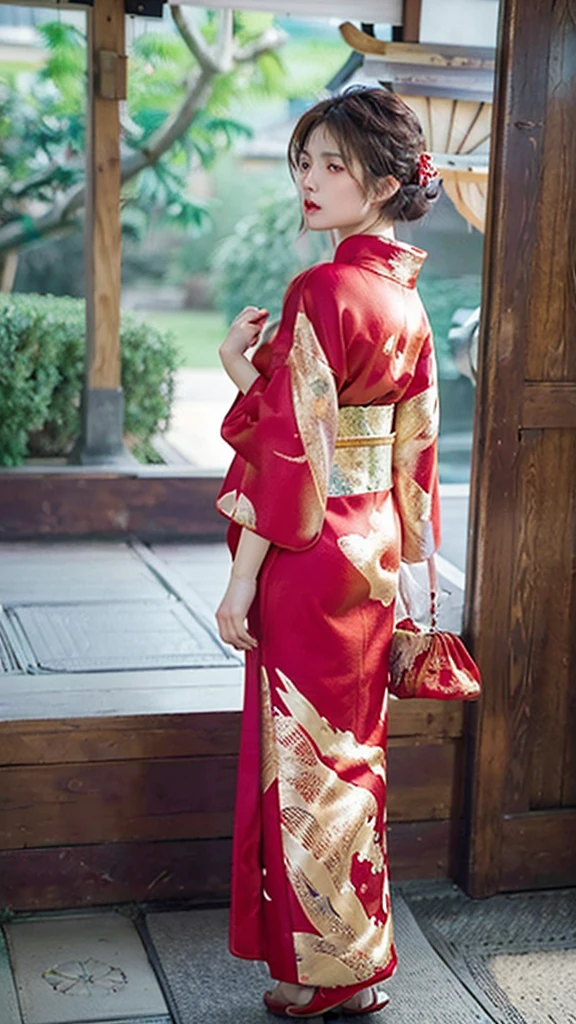 A beautiful girl wearing a red kimono with golden details, seen from behind and looking back, full body, highly detailed, photorealistic, 8k, (best quality:1.2), (realistic:1.37), warm colors, dramatic lighting, detailed texture, elegant hairstyle, detailed kimono patterns, intricate embroidery, (masterpiece:1.2), crisp focus, cinematic composition