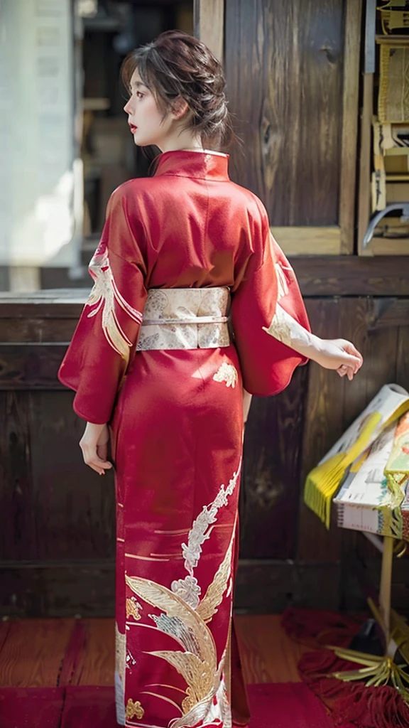 A beautiful girl wearing a red kimono with golden details, seen from behind and looking back, full body, highly detailed, photorealistic, 8k, (best quality:1.2), (realistic:1.37), warm colors, dramatic lighting, detailed texture, elegant hairstyle, detailed kimono patterns, intricate embroidery, (masterpiece:1.2), crisp focus, cinematic composition