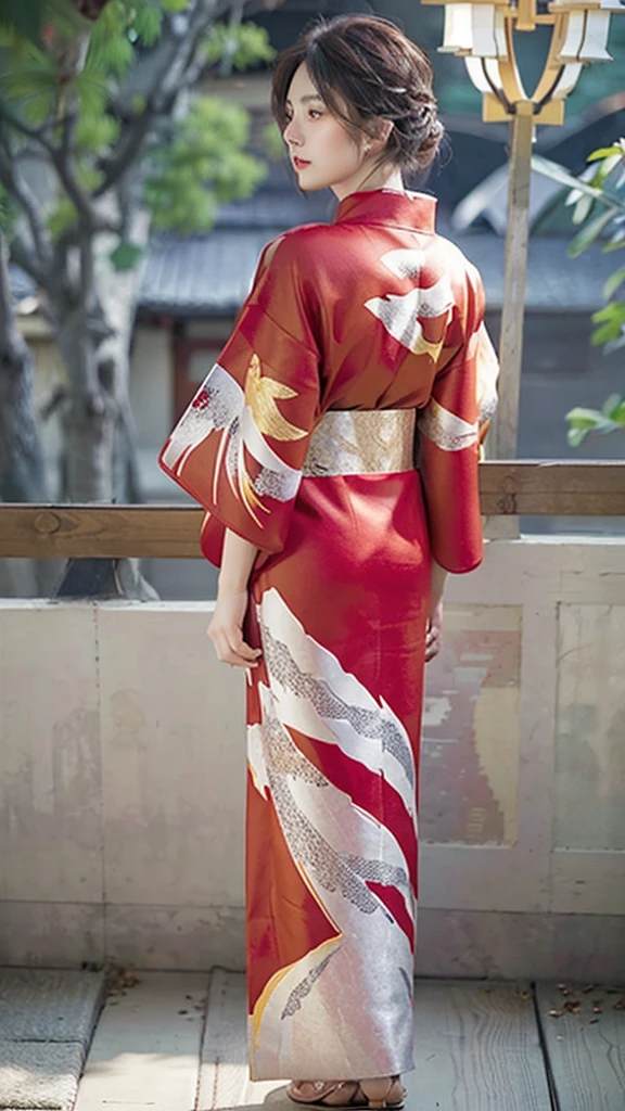 A beautiful girl wearing a red kimono with golden details, seen from behind and looking back, full body, highly detailed, photorealistic, 8k, (best quality:1.2), (realistic:1.37), warm colors, dramatic lighting, detailed texture, elegant hairstyle, detailed kimono patterns, intricate embroidery, (masterpiece:1.2), crisp focus, cinematic composition