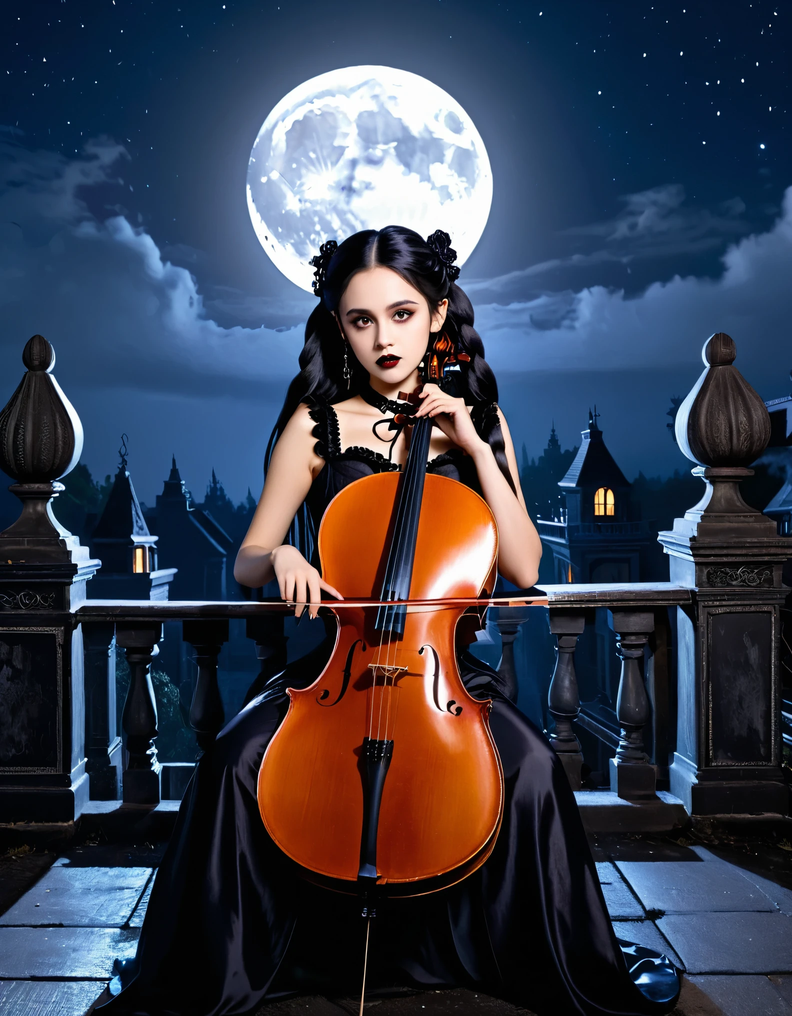 A young woman with long black hair styled in two braids and wears minimal makeup with dark eyeliner, black lipstick, sexy goth, Wednesday Addams (Jenna Ortega). Jenna Ortega as Wednesday Addams. The setting is on the roof top of an old decaying mansion at midnight with a big bright full moon in the background. Wednesday is sitting in an old luxury ornate high back chair (playing a large cello:1.6). She is wearing black ornate fabric choker, black corset, black short feathered dress with black stockings. A peculiar, lifelike severed hand is on her shoulder, adding an element of mystery. The lighting is eerie, coming from an unseen source, creating a since of mystery and intriguing atmosphere. Hyper realistic photo, vibrant colors, 16k.