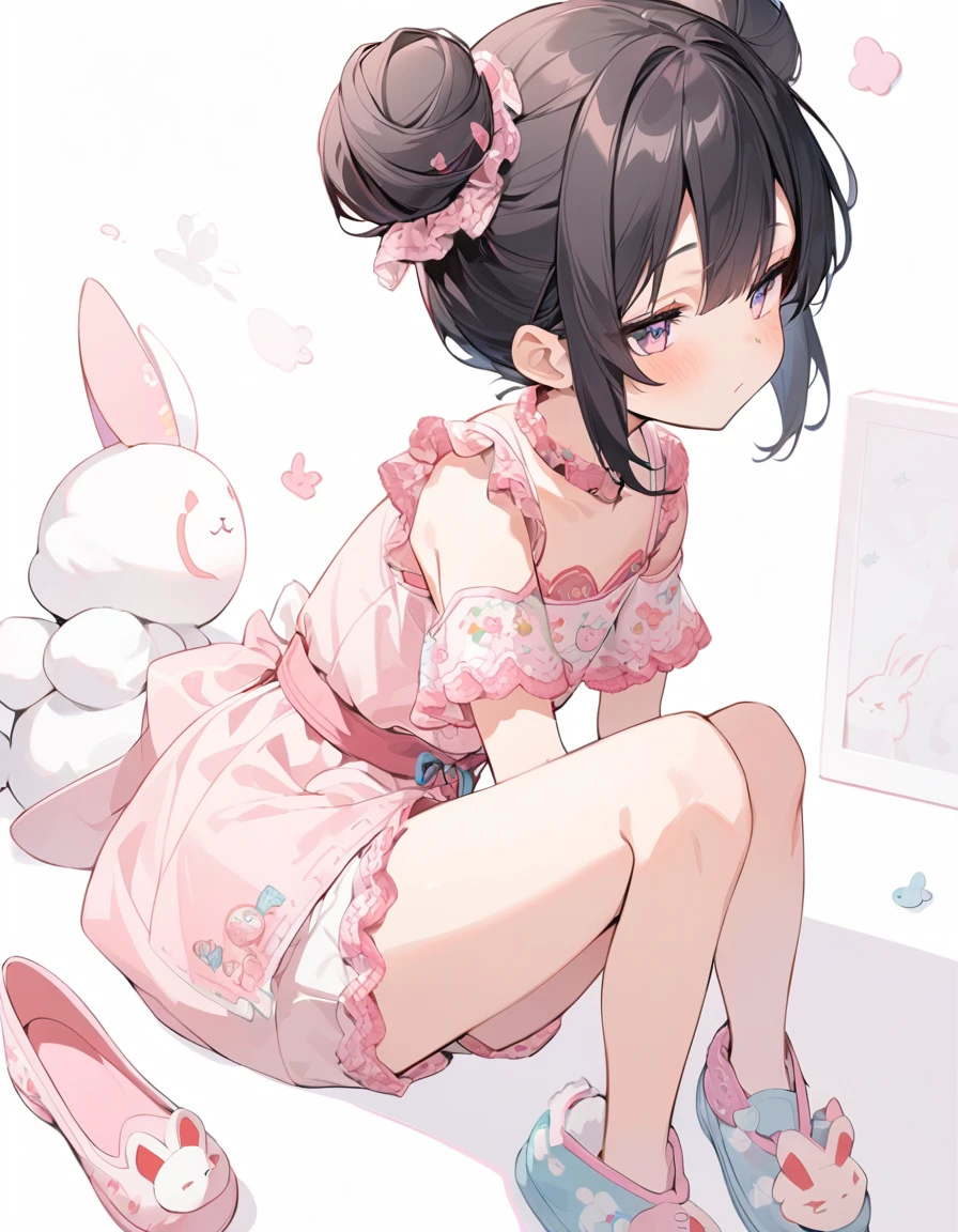 1girl,solo,short stature,black-hair,double-buns,lightcoral-eyes,half-closed-eyes,flat-chest, A short-sleeved dress with pink lace ruffles on the hem and pink rabbit embroidery on a white background, shorts with a cute pink print, and room shoes with a rabbit pattern.
