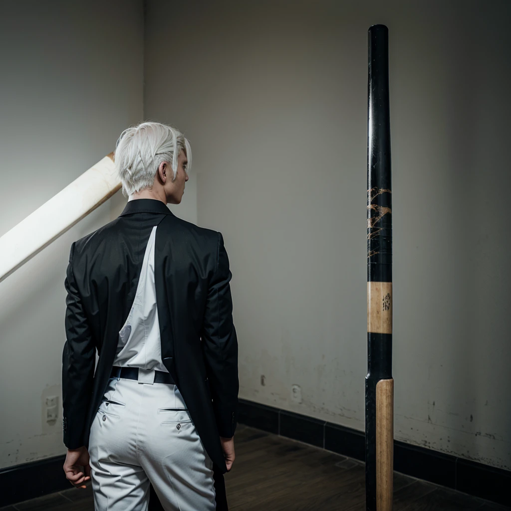 Male, young man, white hair, blue eyes, wearing a black suit, standing with his back, holding a baseball bat, anime image.
