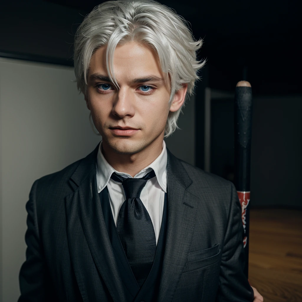 Male, young man, white hair, blue eyes, wearing a black suit, standing with his back, holding a baseball bat, anime image.
