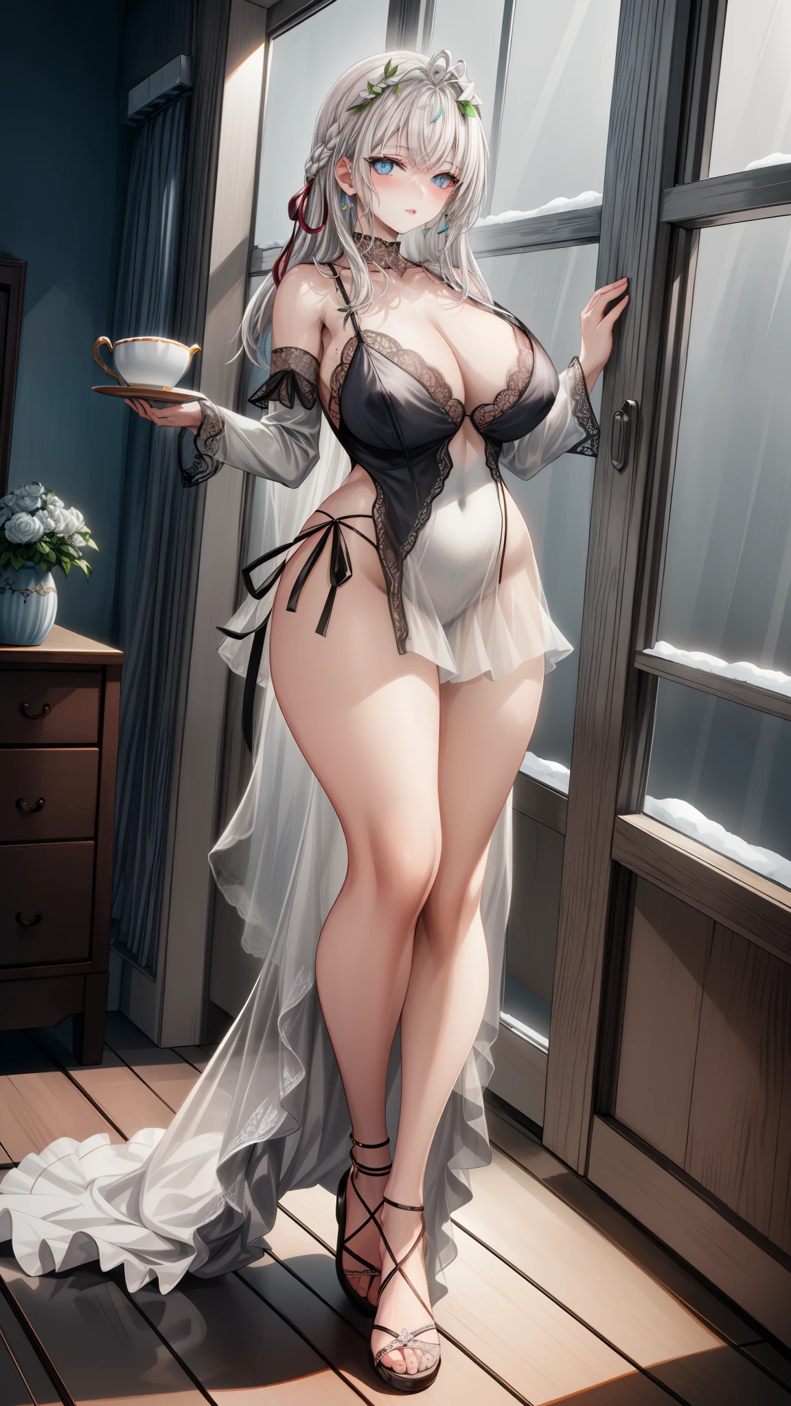 (1girl), ((hentai)), (masterpiece), (best quality), ((looking at the viewer)), ((full body)),((facing the viewer)), ((dress that shows off her figure)), ((White hair))
A stunningly beautiful young woman with hair as white as snow and deep blue eyes like sapphires gazes gracefully out of her window upon waking. Her figure is slender and elegant, adorned in a delicate, exquisite nightgown of white silk embellished with lace that accentuates her flawless skin under the soft morning light. She holds a teacup with grace, while the first rays of the sun illuminate her angelic face, reflecting an aura of serenity and tranquility.