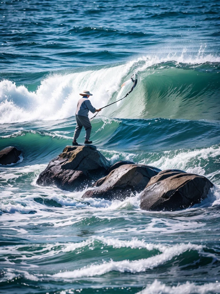 Highest quality,Highest Resolution,An old man fishing on the rocks in the sea,The moment of catching fish,