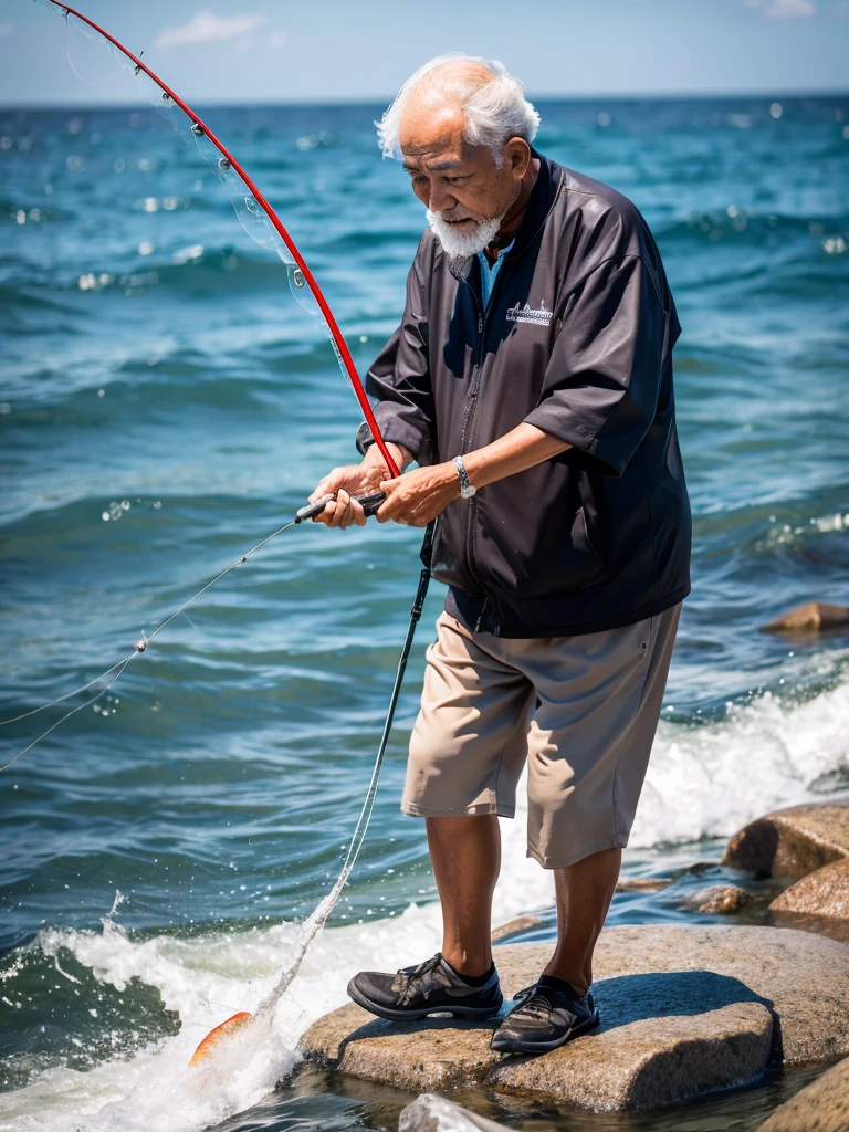 Highest quality,Highest Resolution,An old man fishing on the rocks in the sea,The moment of catching fish,