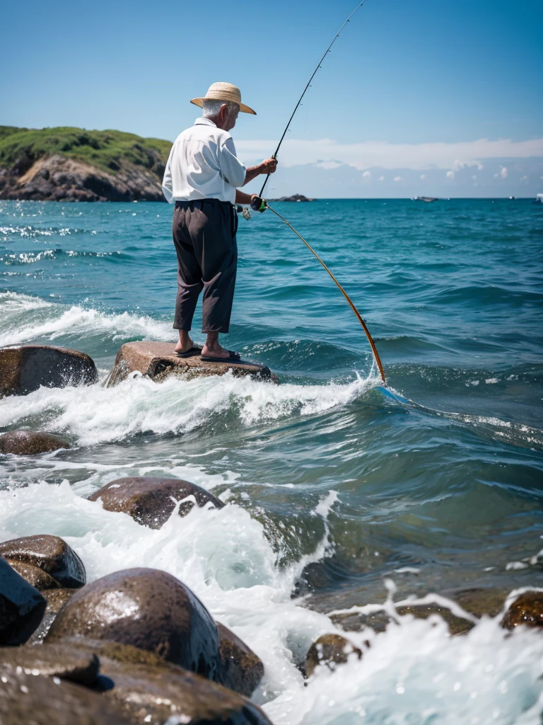 Highest quality,Highest Resolution,An old man fishing on the rocks in the sea,The moment of catching fish,