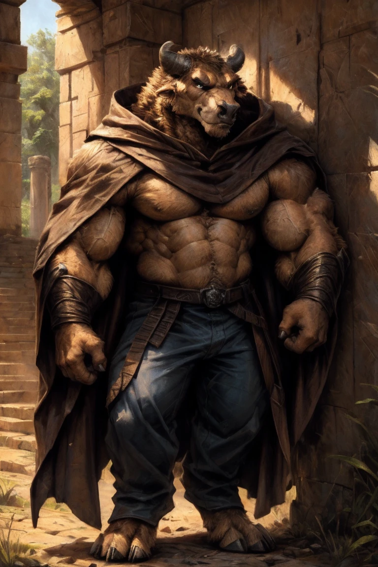 thick eyebrows,Full body portrait of an individual,,thick arms,Rugged muscle,cloak,Great sword,Warriors Pant,Mature face,Exquisite eyes,Detailed body,Detailed hands,Detailed feet,Kenket's Art,high_detailed_background, wide, wide_body, strong_body, muscular_body, visible_abs, ,, abs,big_pecs, visible_pecs, huge_body, warrior, confident,mane, hyper_body, hyper_torso, perfect_eyes,Huge pec, muscular pec, huge pec muscle, gigachad muscular, muscular!!, large muscles, big muscle, muscular!, powerful and huge, big muscles, muscular!!!, muscular characters, musclebound and hulking, giant and fat, as a titan, muscular!! sci-fi, massive muscles, strong and imposing, big arms extremely detailed,angry, minotaur, bull, mosnter, bull,bovine, nose_piercing