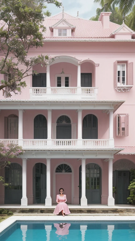 A colonial style house, very beautiful, slightly pink with white details, with a woman sitting on the edge of a pool in the courtyard of this house.