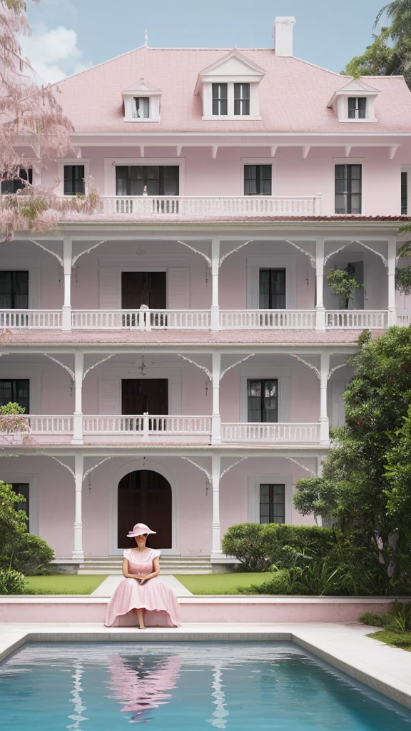A colonial style house, very beautiful, slightly pink with white details, with a woman sitting on the edge of a pool in the courtyard of this house.