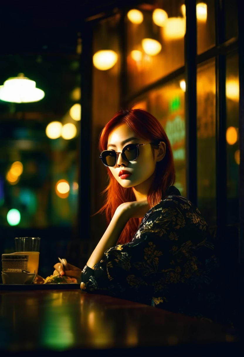 Beautiful Asian redhead sitting in a restaurant at night, visible from the window, perfect face, sunglasses, neon black, (backlit: 1.1), hard shadows, artwork, highest quality, complex, model shooting style, vintage, film grain, incomplete details.

