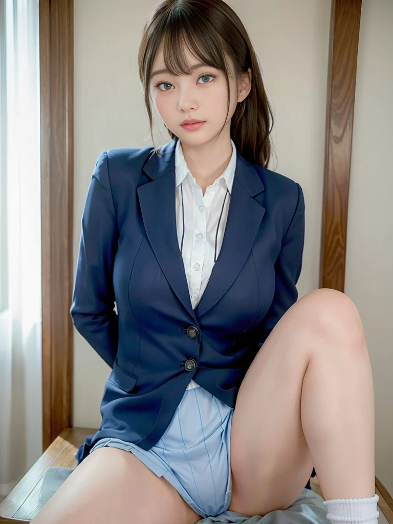 Dark blue high socks Magic Mix Real、(RAW Photos:1.2)、(Realistic:1.4)、The beauty of beautiful details Delicate expression、blonde、((panties are visible))(Squat bench)Earrings eyelash Beautiful and exquisite、Large file size、Very detailed、High resolution、Transcendental beauty Highest quality、masterpiece、、(Japanese school girl uniform))、Very detailed表現 growing up、In detail、Very detailed顔の映画照明、、positive、((Dynamic pose)))、(Sit with your knees bent))、Pleated skirt、blazer、Sexy upward glance、panties、