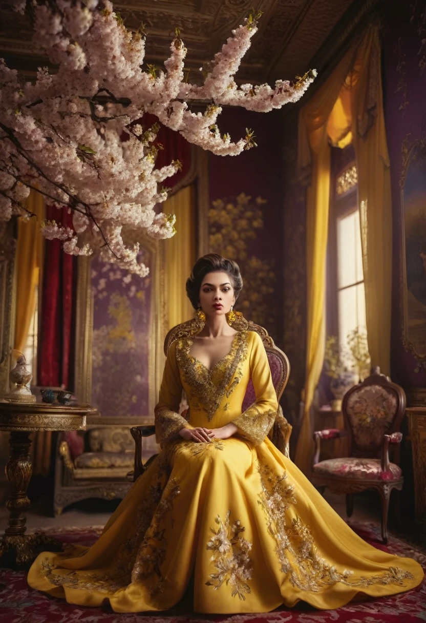 a woman in a yellow dress sitting in a room with a cherry tree, lady using yellow dress, stunning elegant pose, miss aniela, royal elegant pose, portrait shot, regal pose, seated in royal ease, royal gown, high - end fashion photoshoot, haute couture fashion shoot, indian empress, yellow ornate dress, fine art fashion photography, ornate royal gown