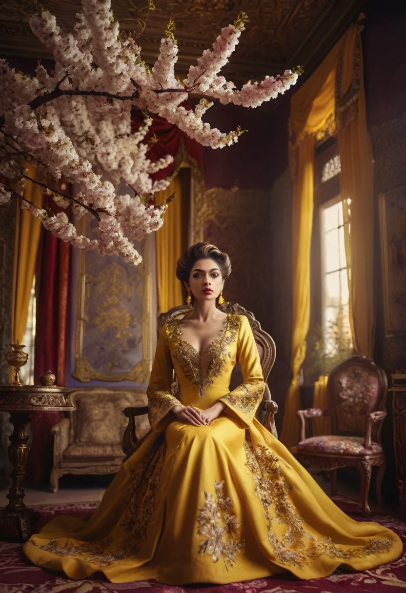 a woman in a yellow dress sitting in a room with a cherry tree, lady using yellow dress, stunning elegant pose, miss aniela, royal elegant pose, portrait shot, regal pose, seated in royal ease, royal gown, high - end fashion photoshoot, haute couture fashion shoot, indian empress, yellow ornate dress, fine art fashion photography, ornate royal gown