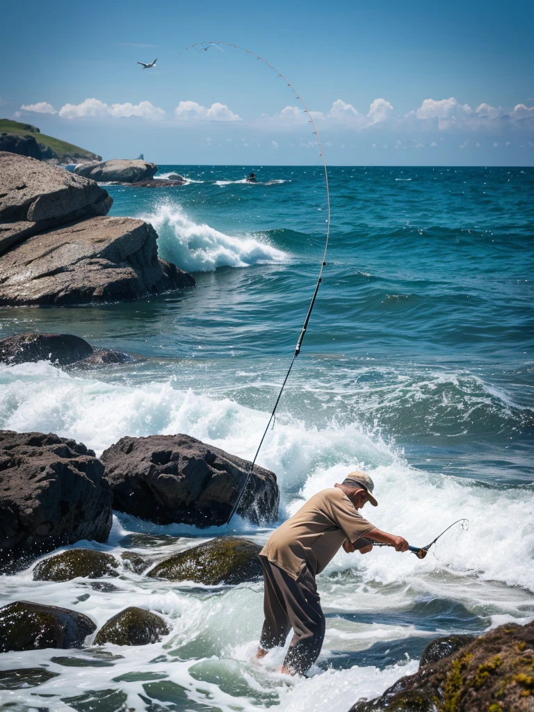 Highest quality,Highest Resolution,An old man fishing on the rocks in the sea,The moment of catching fish,