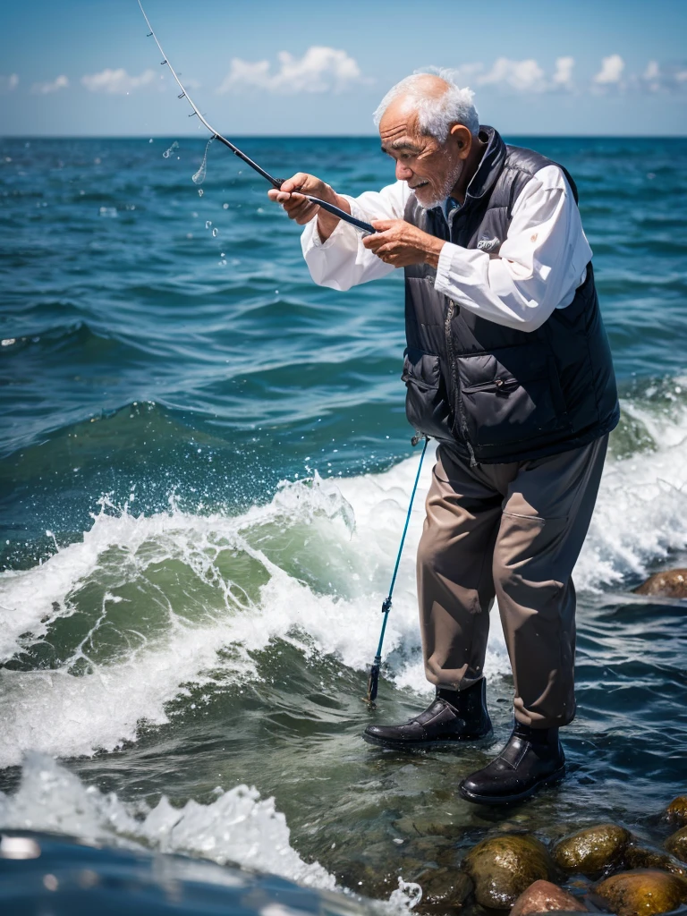Highest quality,Highest Resolution,An old man fishing on the rocks in the sea,The moment of catching fish,
