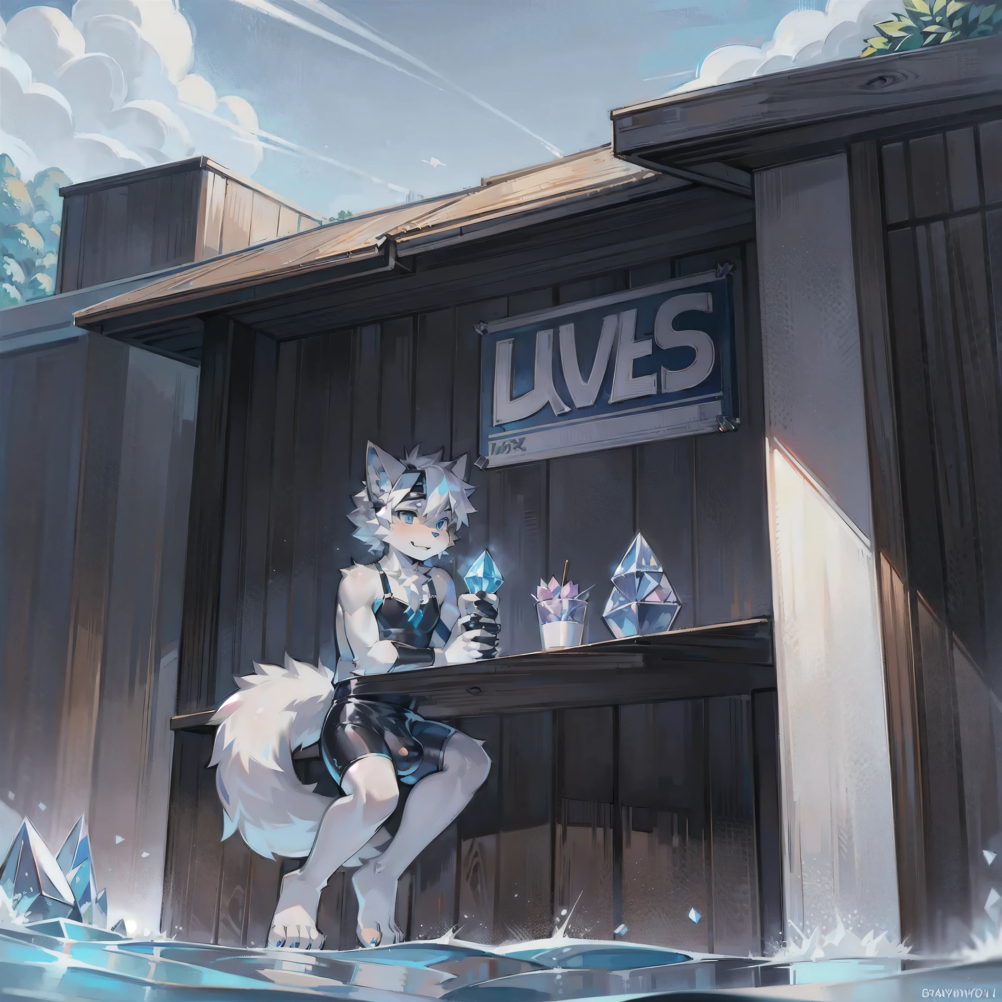 Furry，wolf boy，White fur，crystal blue eyes，Single fluffy tail，greyt hair，short detailed hair，summer day，dive，Wear diving goggles，masculine features，Squat，asshole，bulge，Sexy latex swimsuit，full body，Trampling，Footjob 