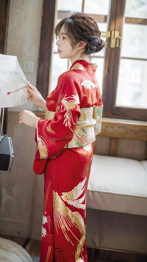 A beautiful girl wearing a red kimono with golden details, seen from behind and looking back, highly detailed, photorealistic, 8k, (best quality:1.2), (realistic:1.37), warm colors, dramatic lighting, detailed texture, elegant hairstyle, detailed kimono patterns, intricate embroidery, (masterpiece:1.2), crisp focus, cinematic composition