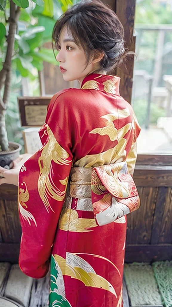 A beautiful girl wearing a red kimono with golden details, seen from behind and looking back, highly detailed, photorealistic, 8k, (best quality:1.2), (realistic:1.37), warm colors, dramatic lighting, detailed texture, elegant hairstyle, detailed kimono patterns, intricate embroidery, (masterpiece:1.2), crisp focus, cinematic composition