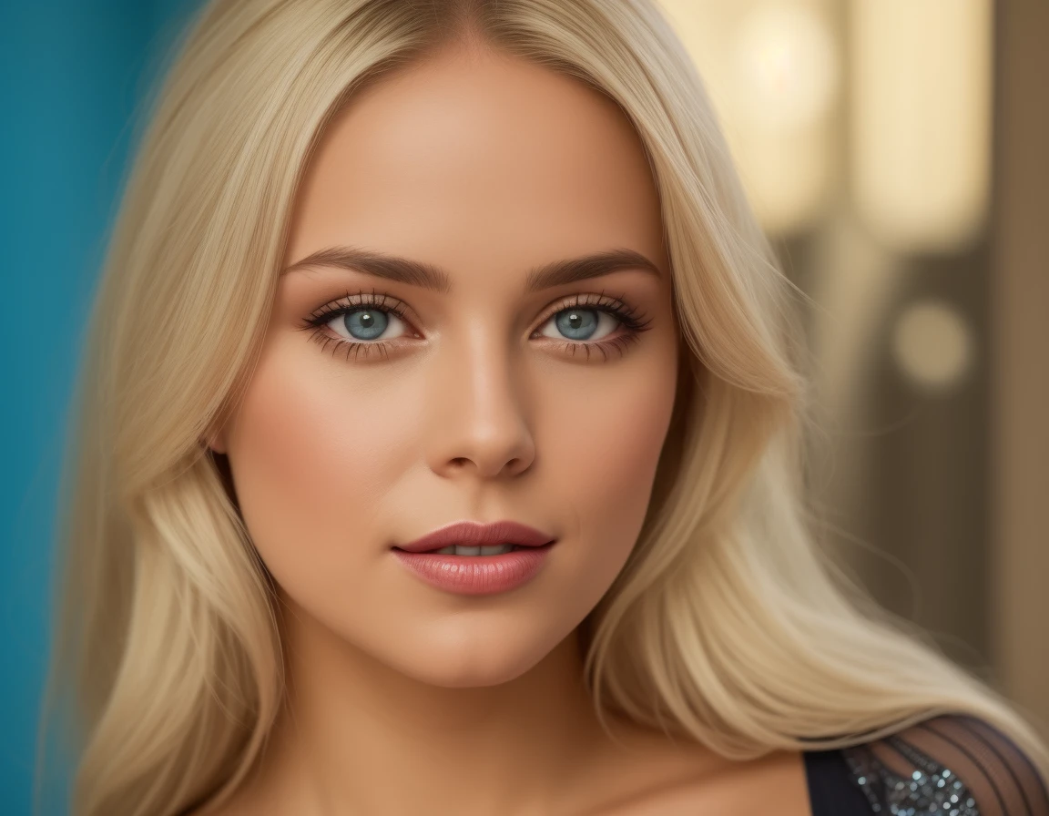 A young and beautiful woman in a car, blonde hair, which fall gently in shoulder-length waves, durchschnittlich large, large, blue eyes, light skin, She's wearing her cocktail dress, She is lying in bed, Hair care before going to bed, the environment is illuminated by lights in warm and pleasant colors, that make your hair shine, His face is naturally cheerful, Lips with lipstick, 8K-Textur, muito detalhado, soft and realistic cinema light, HDR, keen focus, masterpiece, photorealestic, award-winning photography, Canon EOS R5, 35 mm