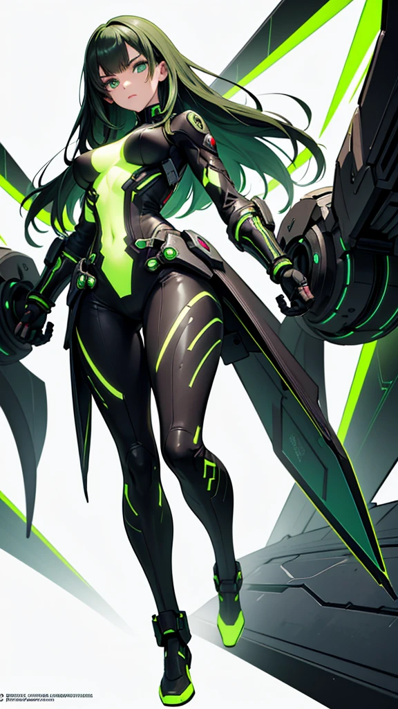 masterpiece, highest quality, (solo focus), (perfect face:1.1), (full body), (high detail:1.1), (hyper detailed eyes), dramatic, a woman with paleskin and long dark green hair, bright green eyes, solo, arrogant expression, neon cybernetic outfit, white background, art by artgerm, cinematic lighting, fashion, BalenciagaStyle