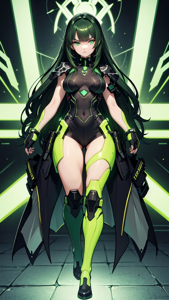 masterpiece, highest quality, (solo focus), (perfect face:1.1), (full body), (high detail:1.1), (hyper detailed eyes), dramatic, a woman with paleskin and long dark green hair, bright green eyes, solo, arrogant expression, neon cybernetic outfit, white background, art by artgerm, cinematic lighting, fashion, BalenciagaStyle