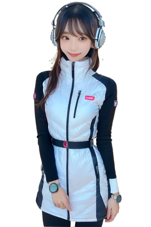 masterpiece, Highest quality, Very detailed, 8K Portrait,Japanese Android Girl,plump , Control panel,Robotic arms and legs, Blunt bangs,,break (Metallic Gray, Metallic luster, Mirror finish, Astro Best):5,headphone:5,break (Black sleeves):100,Smart Watches,Futuristic space station,Control Room,break headphone,blue eyes,(Black Hair):2,(Long Hair):1.3,Displaying the viewer,(respirator),break blush:3,Hidden Hand,smile