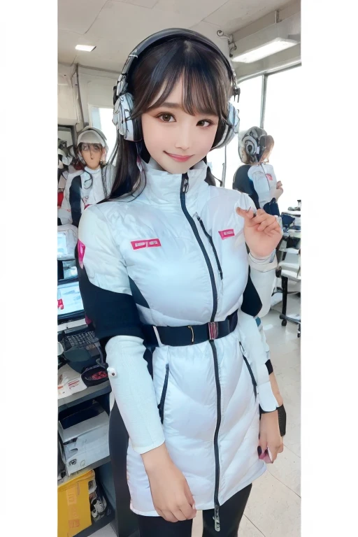 masterpiece, Highest quality, Very detailed, 8K Portrait,Japanese Android Girl,plump , Control panel,Robotic arms and legs, Blunt bangs,,break (Metallic Gray, Metallic luster, Mirror finish, Astro Best):5,headphone:5,break (Black sleeves):100,Smart Watches,Futuristic space station,Control Room,break headphone,blue eyes,(Black Hair):2,(Long Hair):1.3,Displaying the viewer,(respirator),break blush:3,Hidden Hand,smile