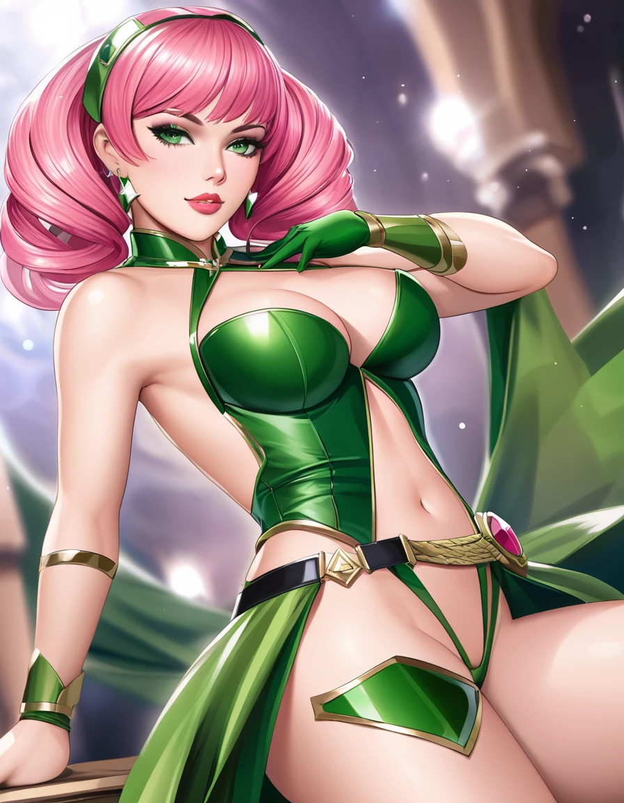 Beautiful Sexy clash royale archer, green outfit,  pink hair,