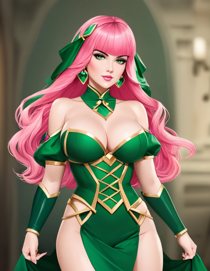 Beautiful Sexy clash royale archer, green outfit, pink hair,