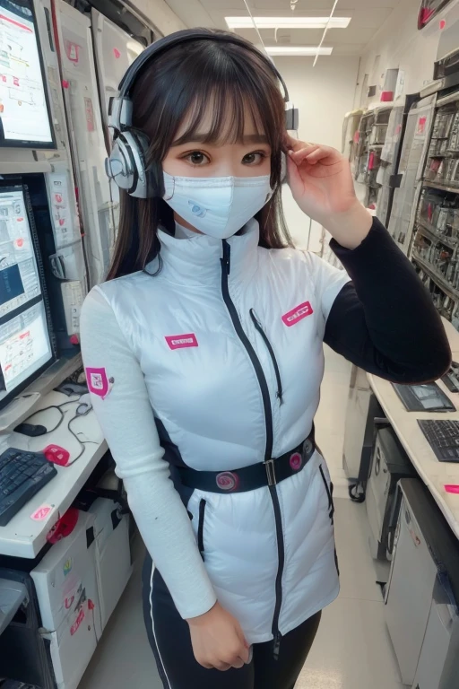 masterpiece, Highest quality, Very detailed, 8K Portrait,Japanese Android Girl,plump , Control panel,Robotic arms and legs, Blunt bangs,,break (Metallic Gray, Metallic luster, Mirror finish, Astro Best):5,headphone:5,break (Black sleeves):100,Smart Watches,Futuristic space station,Control Room,break headphone,blue eyes,(Black Hair):2,(Long Hair):1.3,Displaying the viewer,(respirator),break blush:3,Hidden Hand,smile