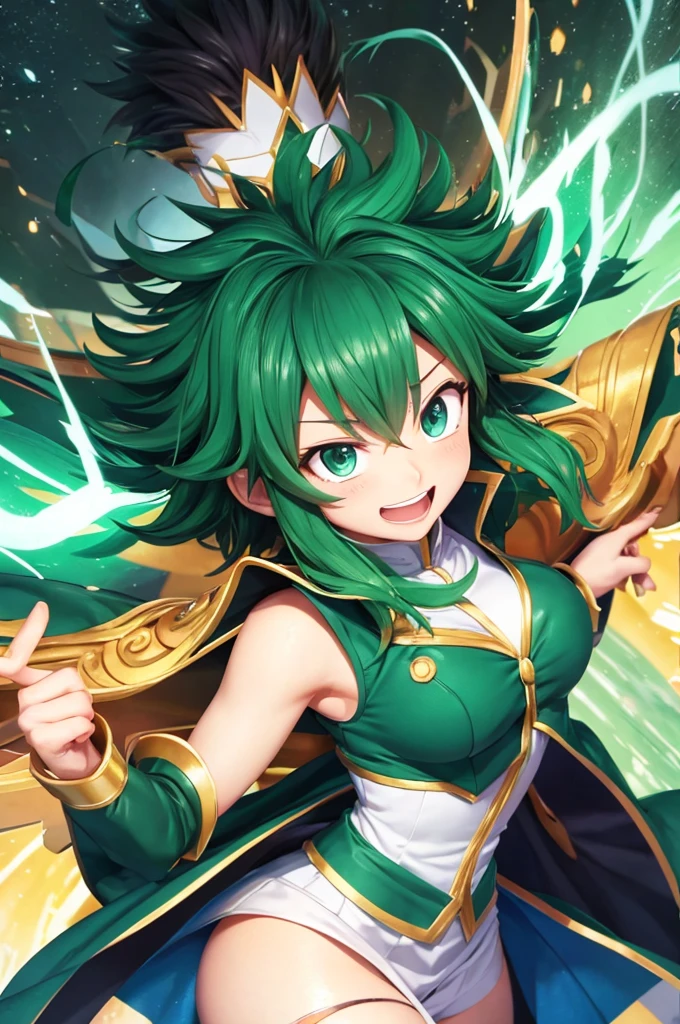 One girl, green hair, curly hair, yellow eyes, black glassess, superpower, green power, green aura