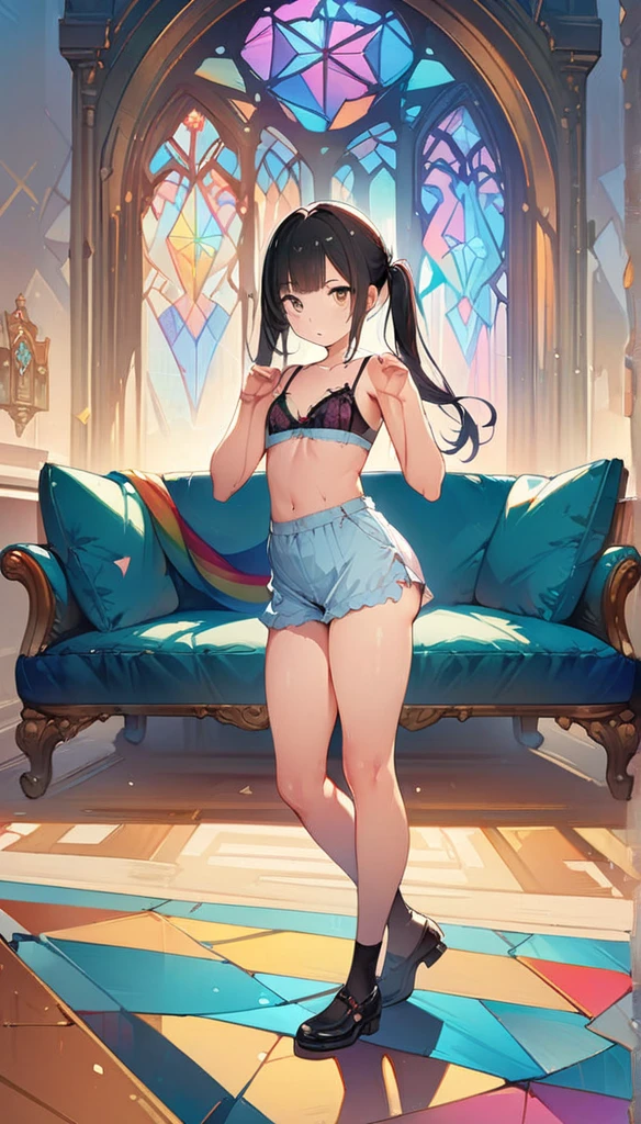 (masterpiece:1.8),(Highest quality:1.8),(Very detailed:1.8),(8k:1.8),(Ultra-fine Illustration:1.5),,,Straight low twintail,Flat Chest,Small Ass,(High-grade ,,lingerie:1.4),(Prayer Pose:1.5),Vintage sofa,,(Full body angle), Stained glass, Rainbow Gradient, Foundation, (bra:1.3), (lingerie,culottes:1.3),