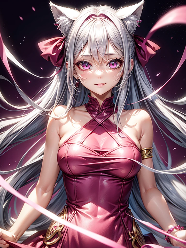 Silver hair, pink eyes, body, cat ears, woman, earrings, fantasy background, pink red clothes, hair bows, happy face