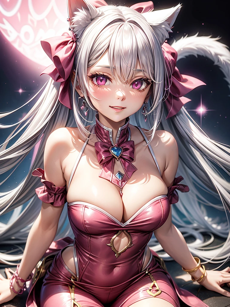 Silver hair, pink eyes, body, cat ears, woman, earrings, fantasy background, pink red clothes, hair bows, happy face