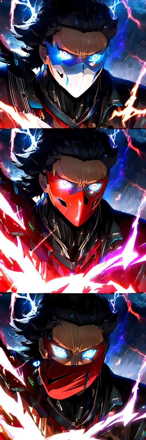 Anime Reality, detailed anime, anime styling, super verbose, high details, masterpiece, high quality, high resolution, black hair, black haired anime man, glowing eyes, blue glowing eyes, covered mask, covering mouth, red mask, action pose, lightning background, lightning aura