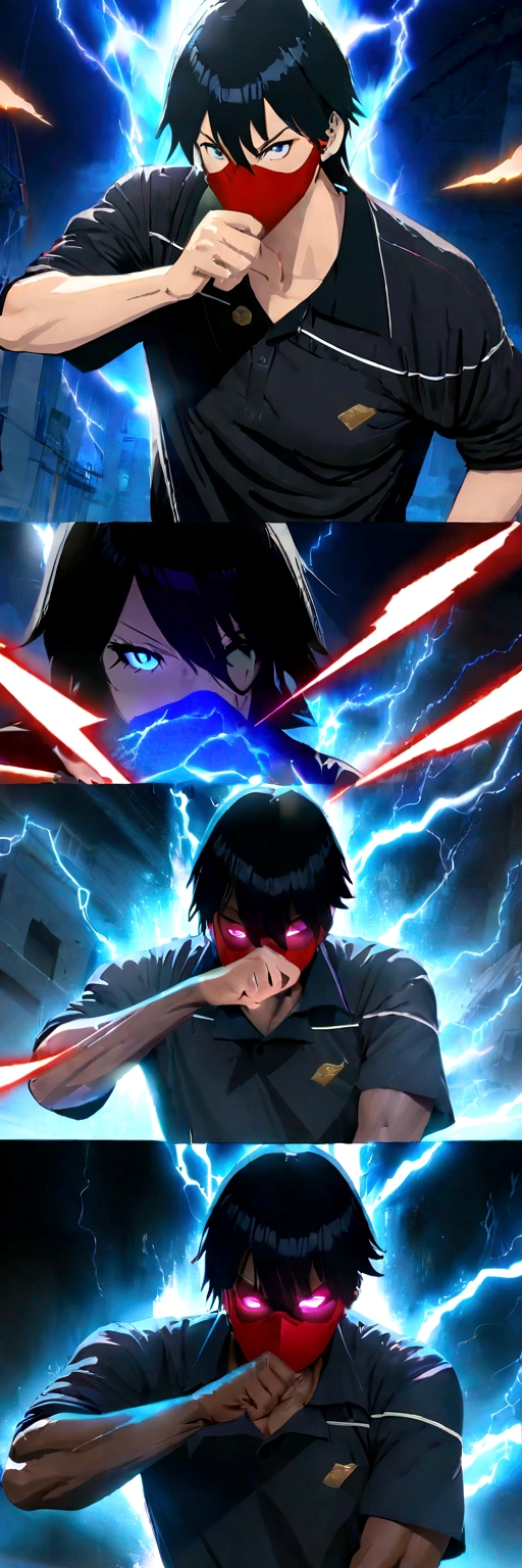 Anime Reality, detailed anime, anime styling, super verbose, high details, masterpiece, high quality, high resolution, black hair, black haired anime man, glowing eyes, blue glowing eyes, covered mask, covering mouth, red mask, action pose, lightning background, lightning aura