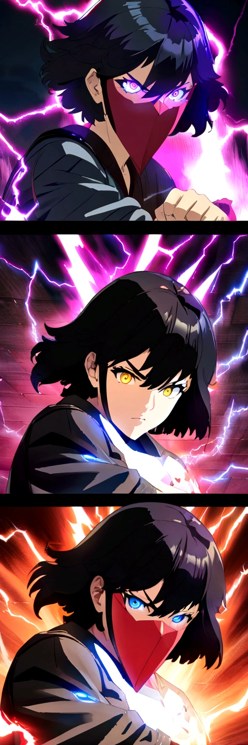 Anime Reality, detailed anime, anime styling, super verbose, high details, masterpiece, high quality, high resolution, black hair, black haired anime man, glowing eyes, blue glowing eyes, covered mask, covering mouth, red mask, action pose, lightning background, lightning aura