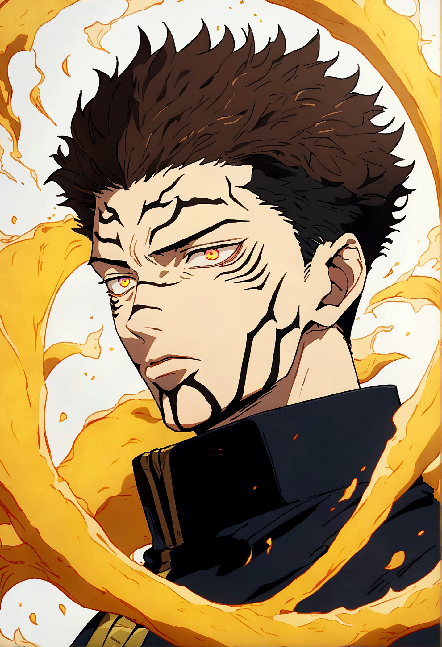 black hair, super verbose "Create an anime-style illustration/mango de um personagem masculino. He must have short brown hair, big brown eyes, and a neutral expression. The character&#39;s face must have several visible seams. The background must be simple and white to highlight the character."  Sicatrizes, アニメ/mango, JUJUTSU KAİSEN, Another quality, multicolored eyes, anime style, 8K, HD, uhd, masterpiece, 16K
