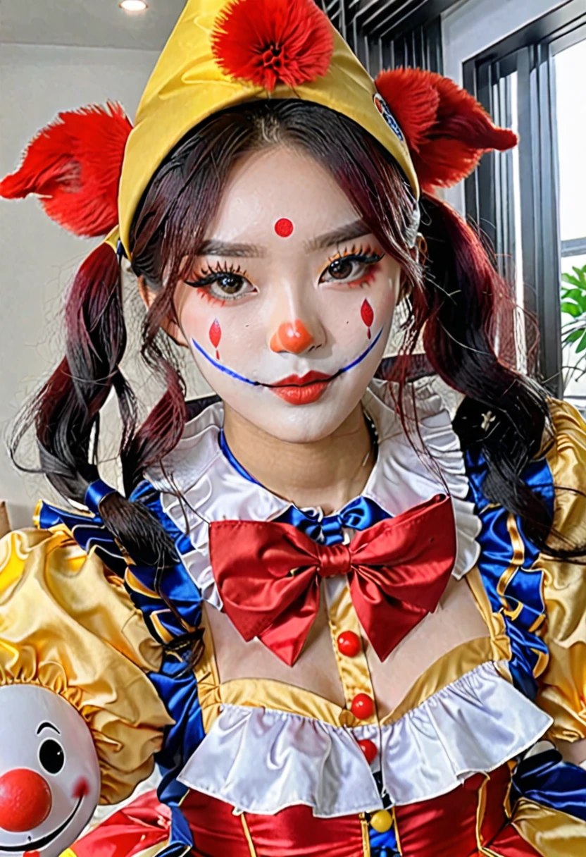 (best high quality:1.5), obra de arte, (8k), extremely detailed, (High details:1.4), Solo, 24 year old Korean Ulzzang female, (cosplay pomni clown),