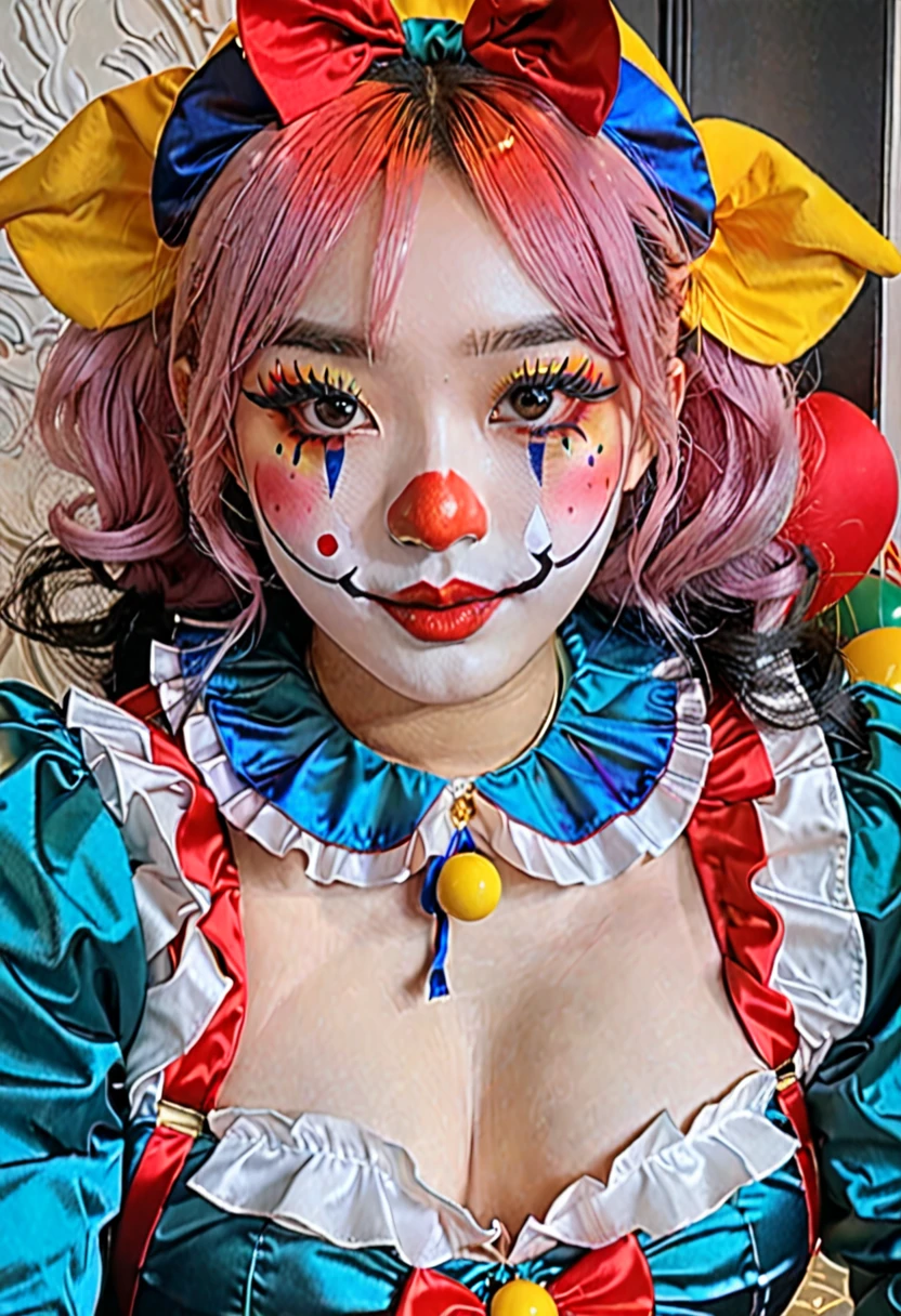 (best high quality:1.5), obra de arte, (8k), extremely detailed, (High details:1.4), Solo, 24 year old Korean Ulzzang female, (cosplay pomni clown), 