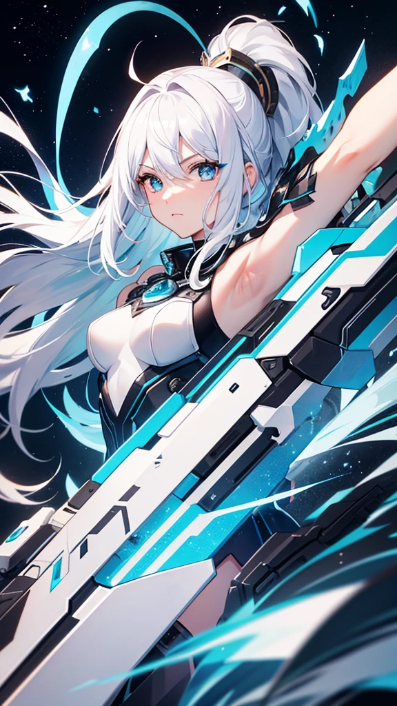 dragon-like and white hair, and star details, blue horn, blue eye, a metal arm