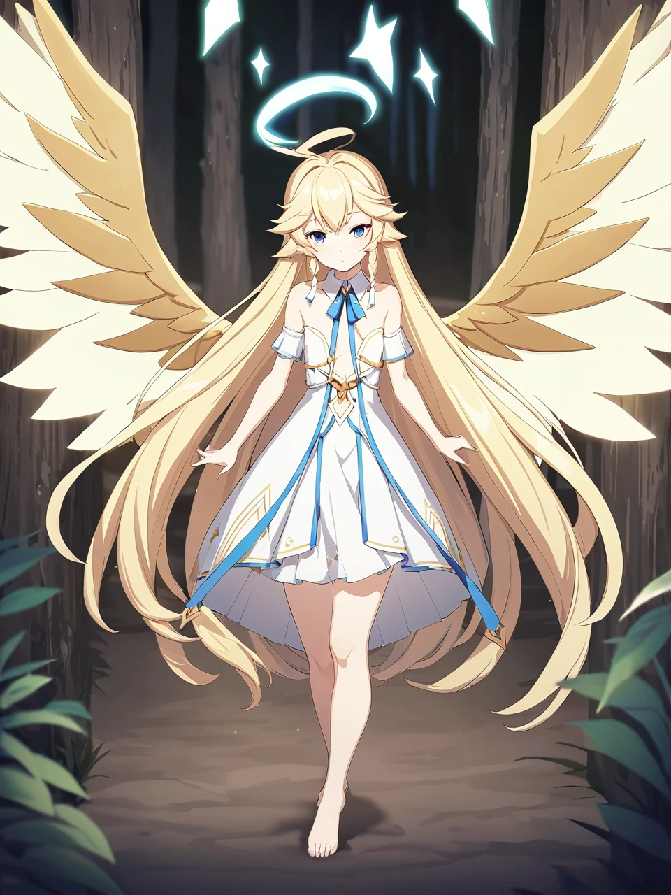 Zaora, blue eyes, (Variegated eyes:0.5), Blonde, Very long hair, Twin Blade, bangs, Ahoge, Hello, Angel, Flat Chest, White Dress, Belly button cutout, Detachable collar, Strapless, Neck ribbon, Bare shoulders, Angel wings, barefoot, One girl, Solo Break Space, forest, Depth of written boundary, Cinematic, masterpiece, Highest quality, Game CG