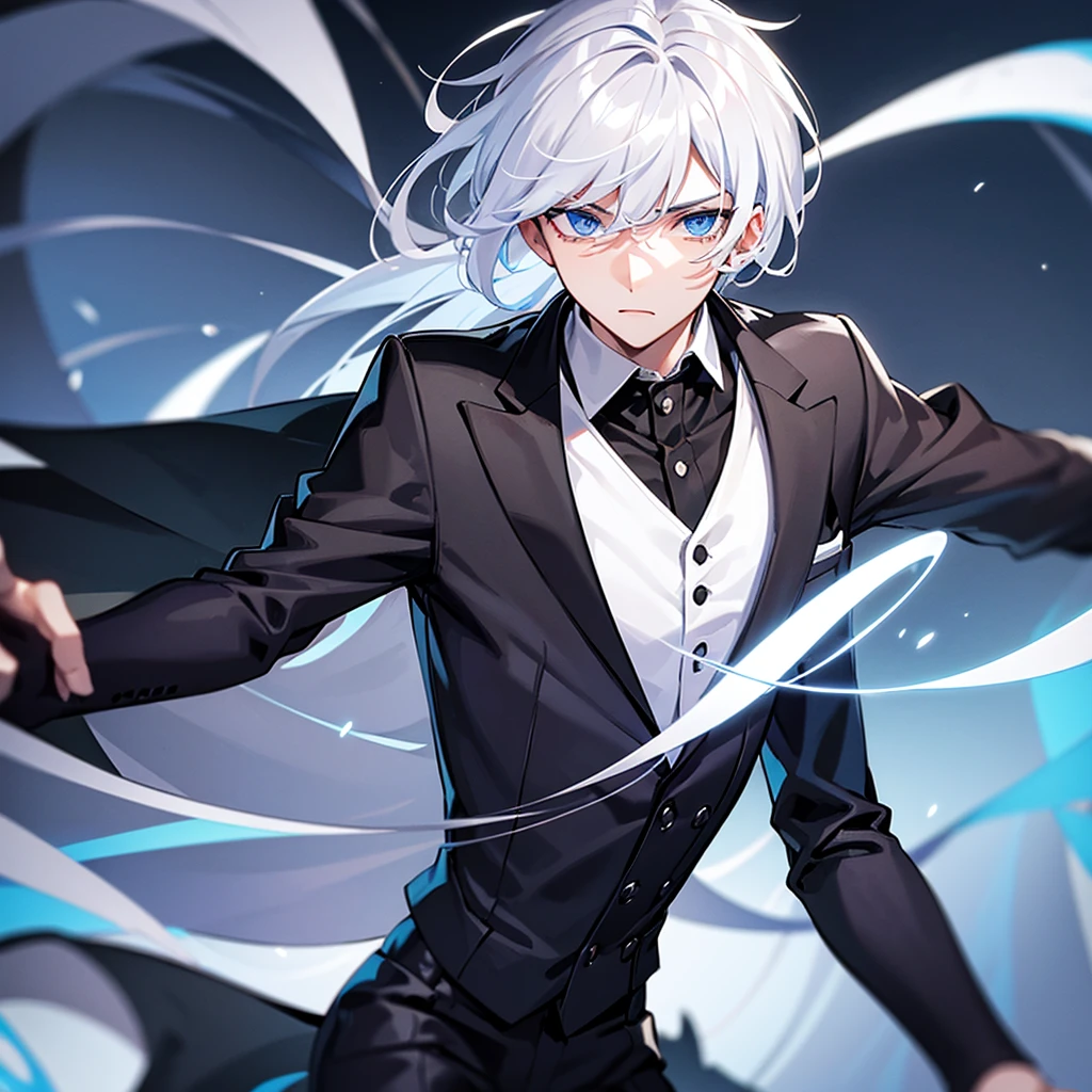 Male, young man, white hair, blue eyes, wearing a black suit, facing backward.